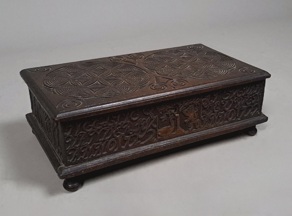 Small Well Carved Bible Box with Bible Dated 1722