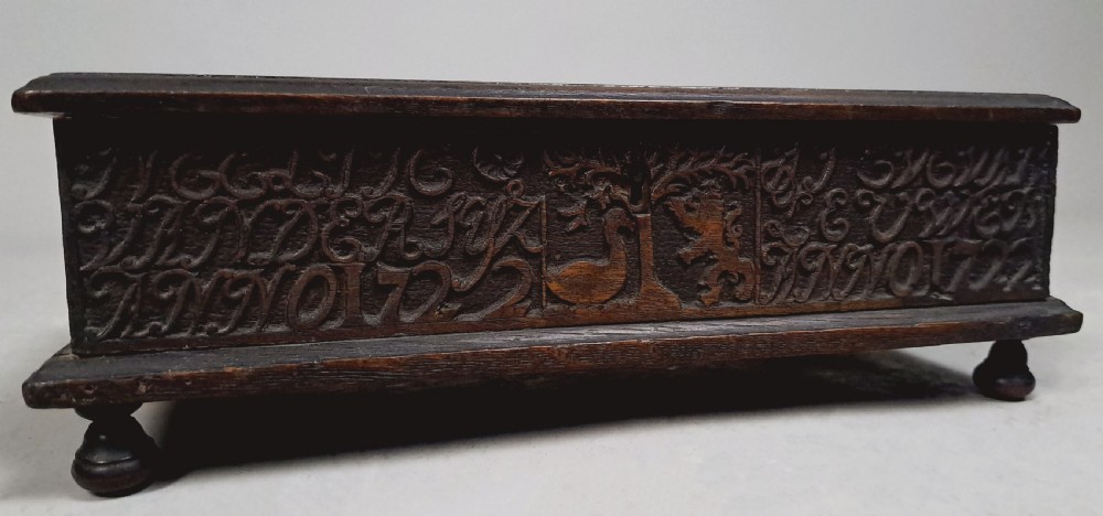 Small Well Carved Bible Box with Bible Dated 1722 View V