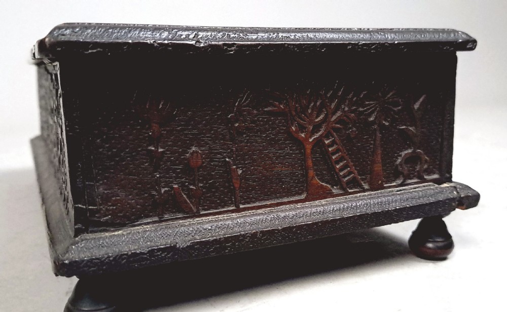 Small Well Carved Bible Box with Bible Dated 1722 View VI