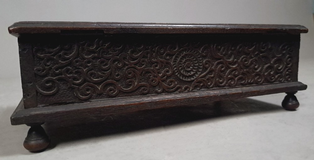 Small Well Carved Bible Box with Bible Dated 1722 View VII