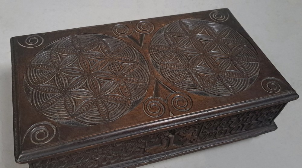 Small Well Carved Bible Box with Bible Dated 1722 View IX