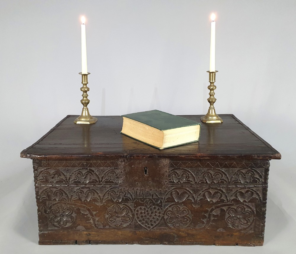 Wonderful 17th Century Oak Chest Made with Love c. 1660 View II