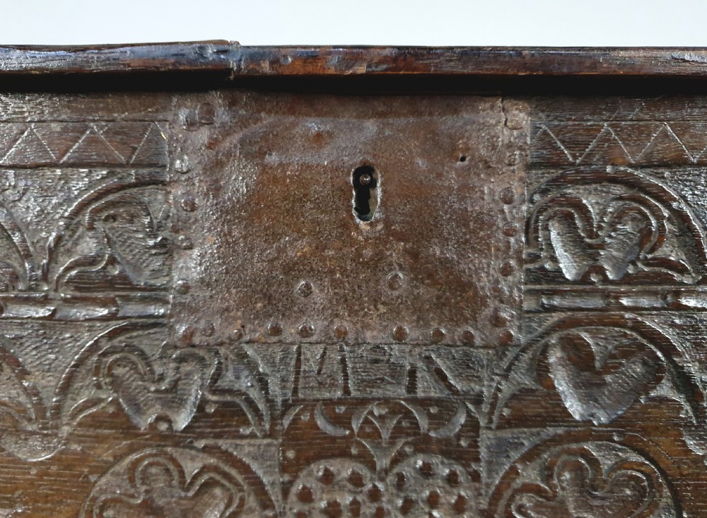 Wonderful 17th Century Oak Chest Made with Love c. 1660 View III