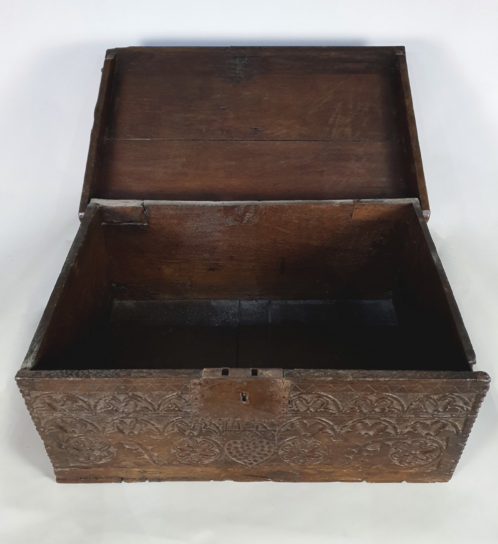 Wonderful 17th Century Oak Chest Made with Love c. 1660 View IV