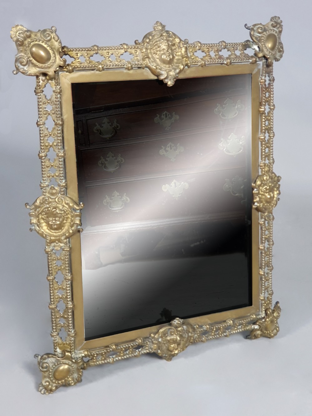 Victorian Brass Wall Hanging Mirror with Original Plate and Cherubs c. 1870
