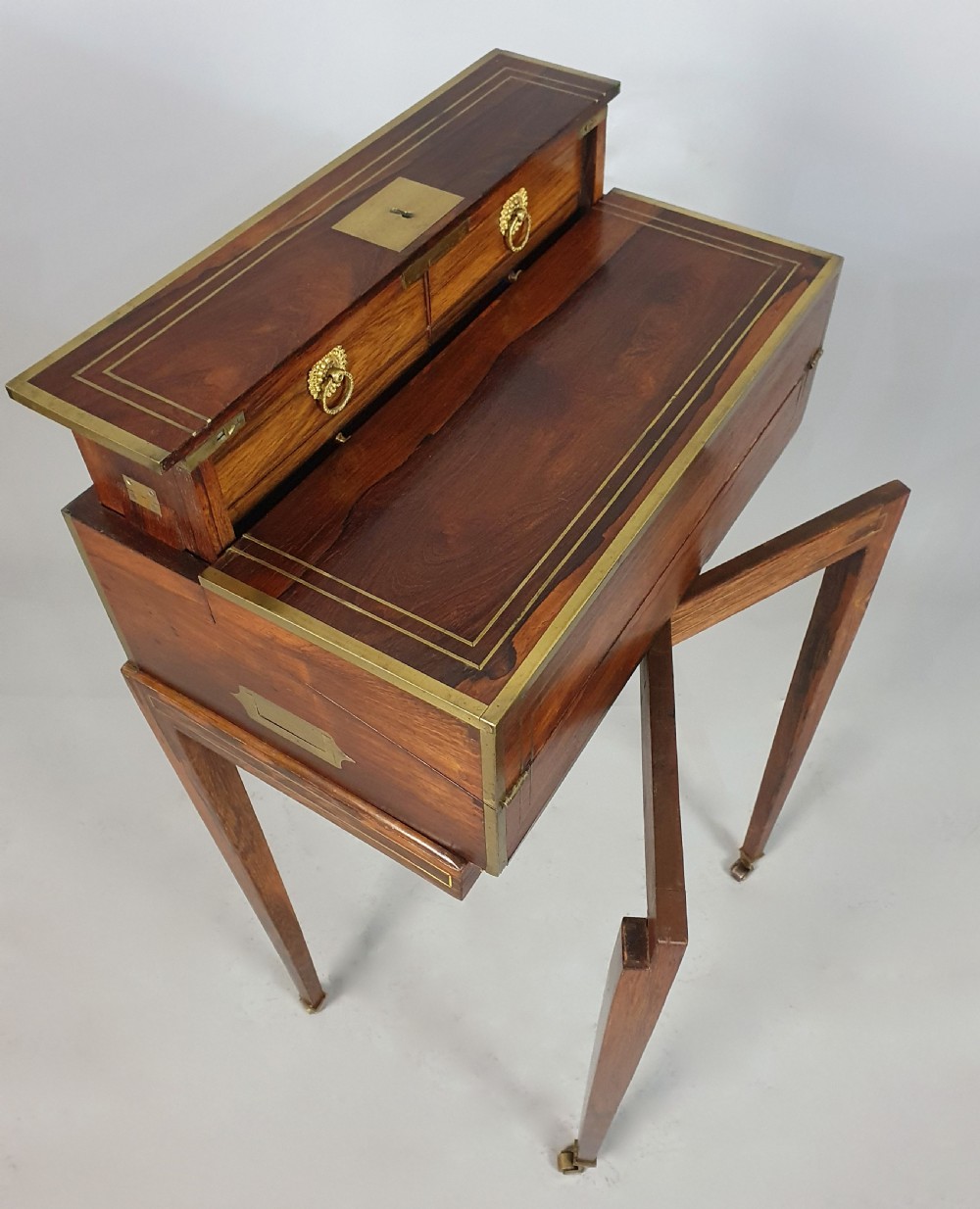 Regency Rosewood and Brass Inlaid Campaign Desk on Stand c. 1825 View VI