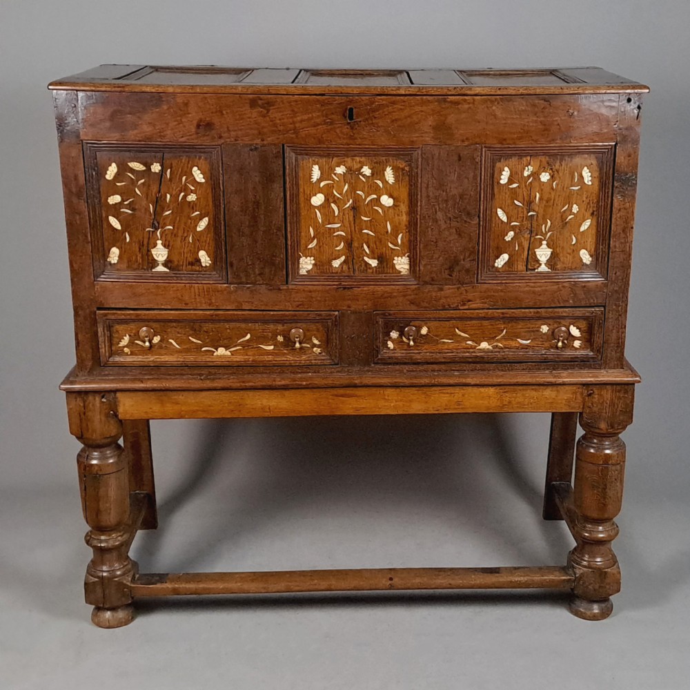 Charles II Ivory Inlaid Elm Chest on Stand c. 1660
