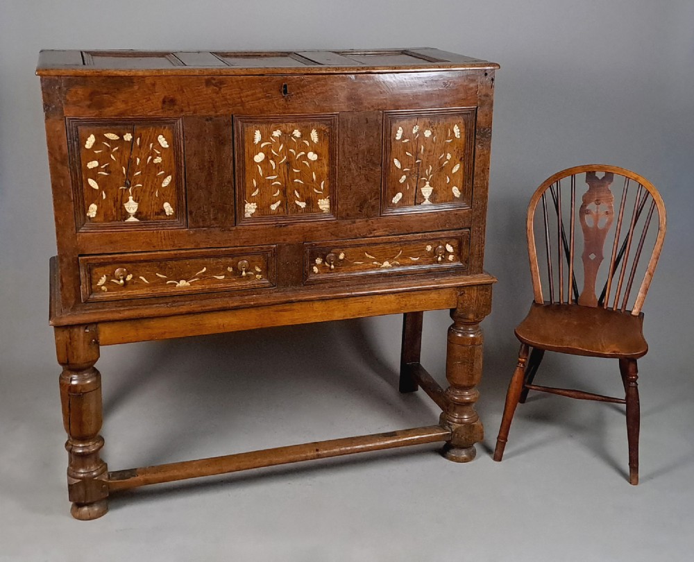 Charles II Ivory Inlaid Elm Chest on Stand c. 1660 View III