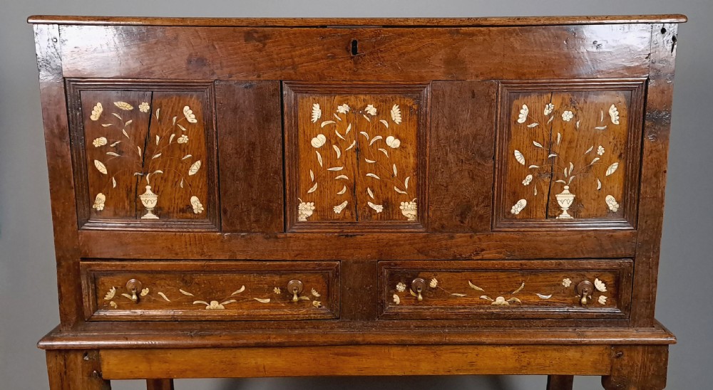 Charles II Ivory Inlaid Elm Chest on Stand c. 1660 View V