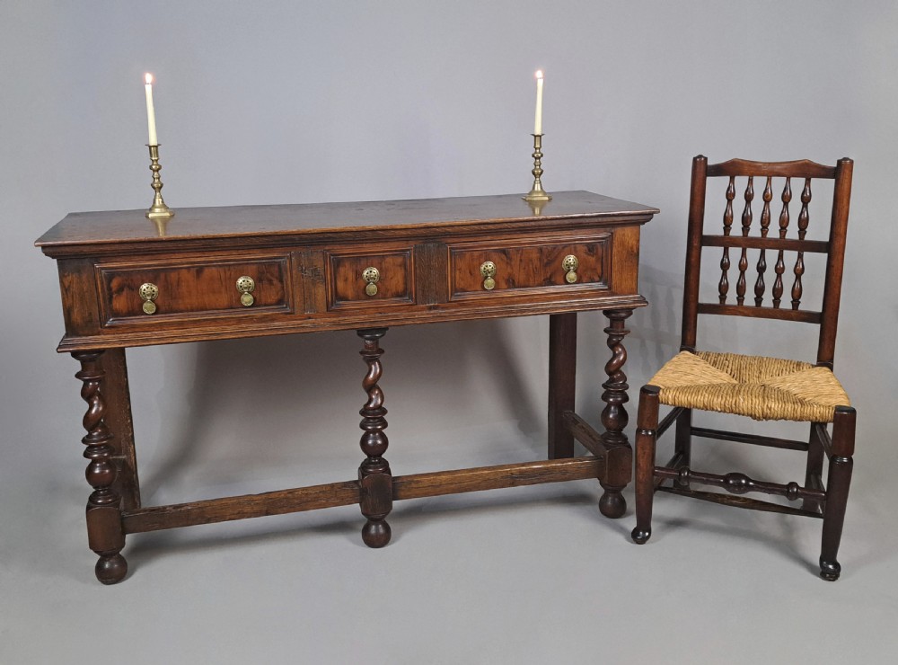 Small William and Mary Yew Wood and Oak Dresser c. 1690 View III