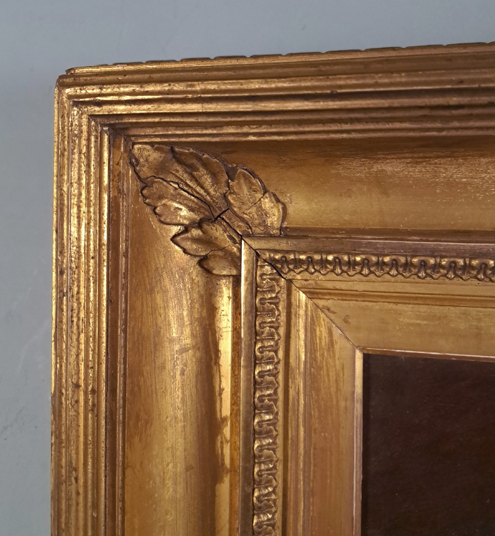 A 19th-century Victorian oil portrait on canvas depicting a young woman in profile wearing a lace bonnet and red shawl, enclosed in an ornate gilded frame. View III