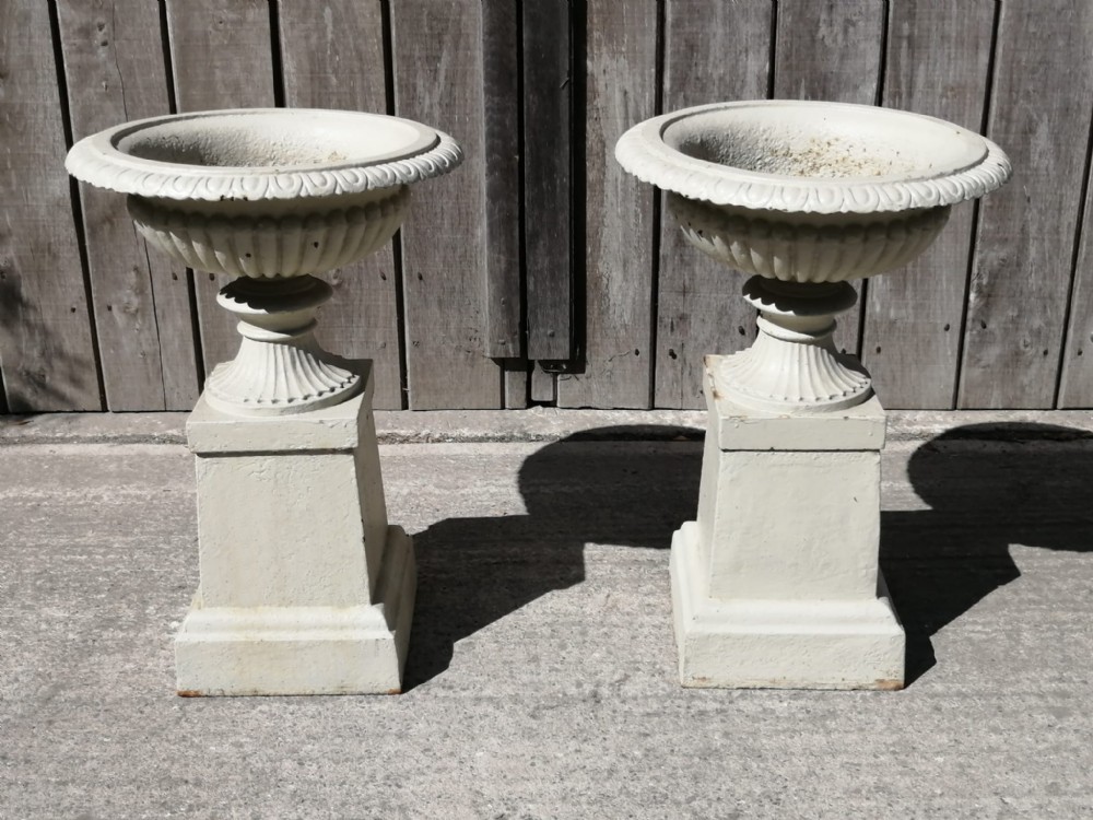 A matching pair of painted off-white cast iron garden urns with fluted rims resting on square pedestals.