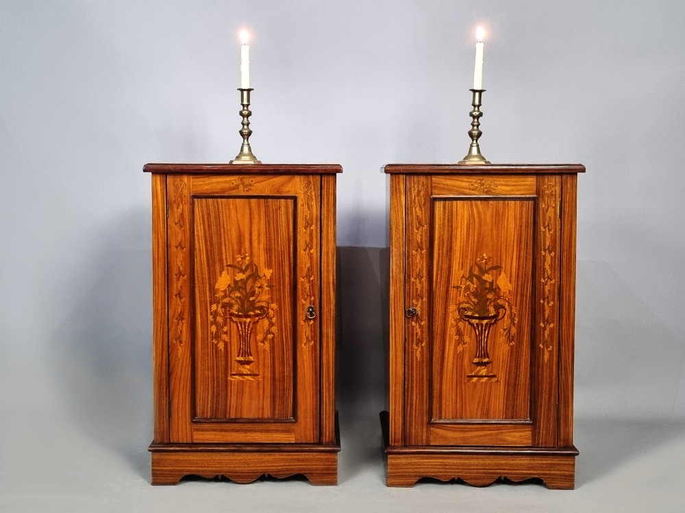 A matching pair of late 19th-century rosewood bedside cabinets featuring detailed floral marquetry inlays on the central door panels. View III