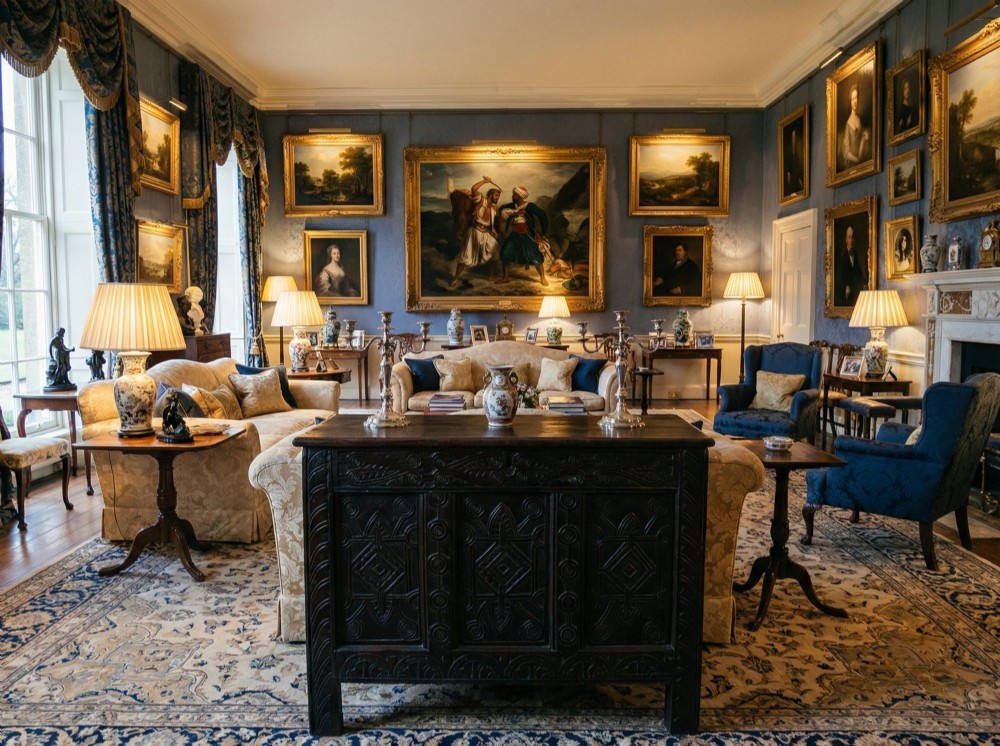 A dark oak Jacobean coffer featuring three carved front panels with diamond and circle motifs, a lunette carved top rail, and stile legs. View IX