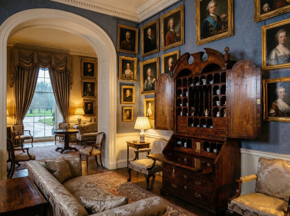 An early 18th-century Queen Anne burr walnut bureau bookcase featuring an open double-domed upper cabinet with fitted interior pigeonholes above a fall-front desk section. View XI