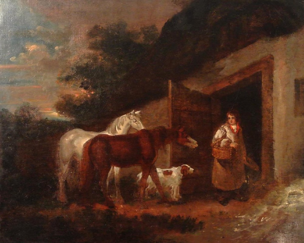 A nineteenth-century framed oil painting showing a rural farmyard scene with two horses, a dog, and a figure beside a doorway. View III