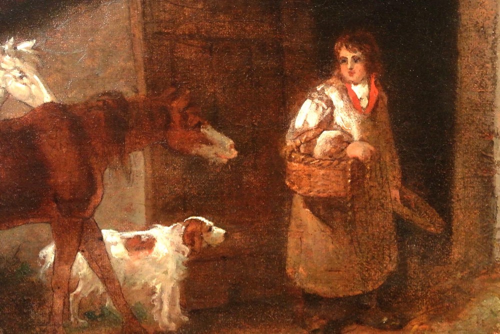 A nineteenth-century framed oil painting showing a rural farmyard scene with two horses, a dog, and a figure beside a doorway. View IV