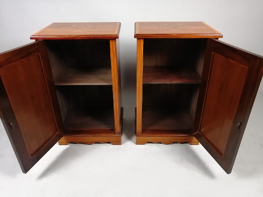 A pair of late Victorian rosewood bedside cupboards featuring central floral urn marquetry inlays on single-panel doors and plinth bases. View XI
