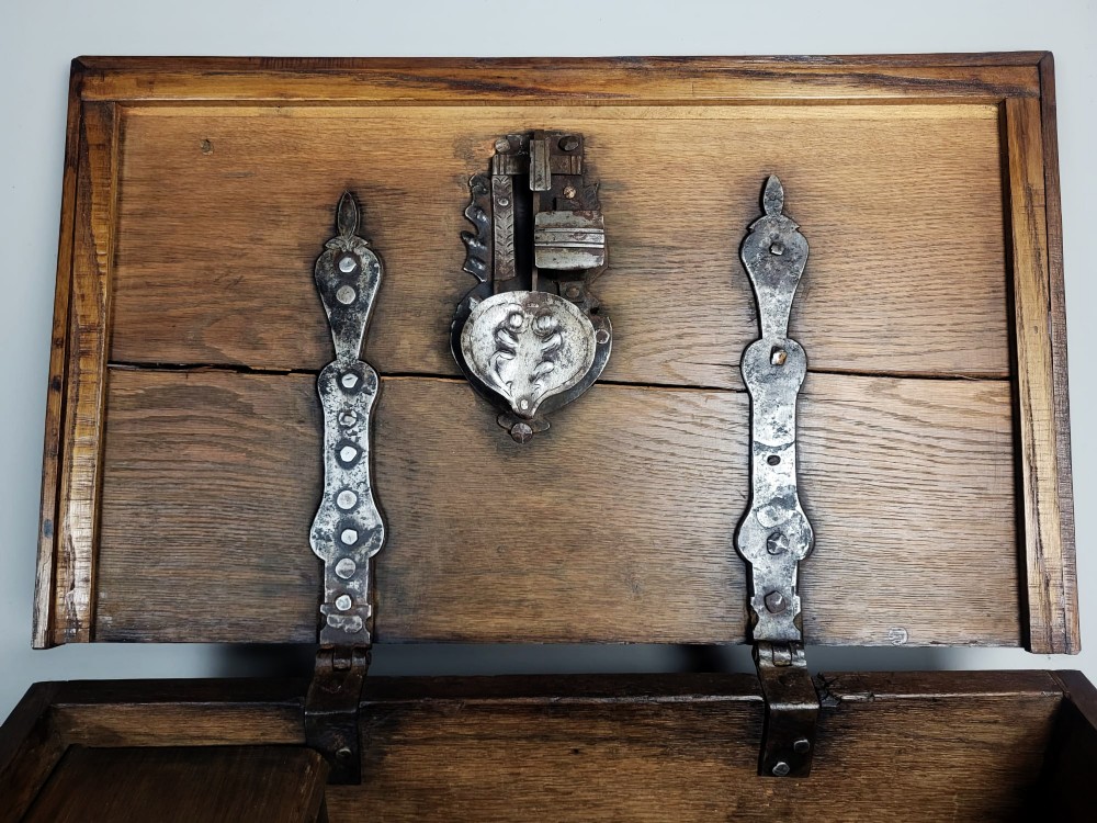 An open seventeenth-century oak safe box featuring raised geometric mouldings on the front panel and a hand-forged steel lock plate inside the lid. View IX