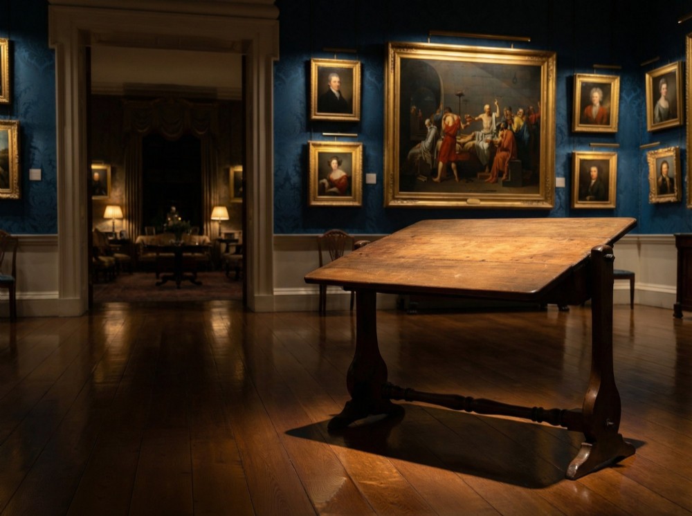 An 18th-century Georgian solid teak campaign table featuring a tilting rectangular top, a turned cross stretcher, and trestle end supports. View VII