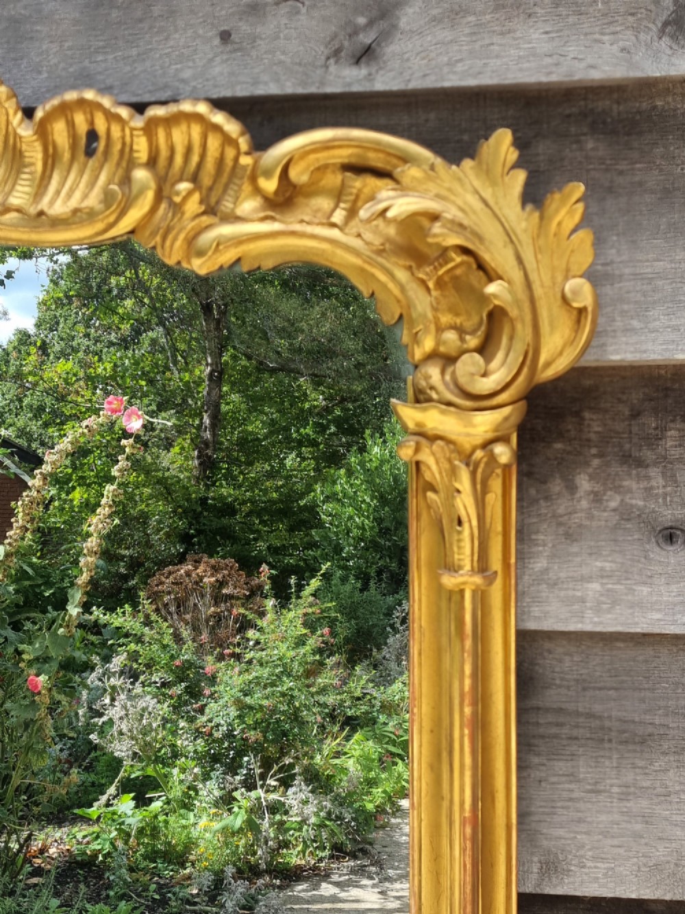 A large 19th-century giltwood mirror featuring carved C-scroll cresting, acanthus leaf detailing, and a gilded frame surrounding a glass plate. View III