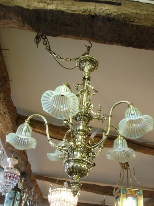 5 Branch Brass Light Fitting with Vaseline Shades