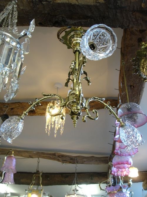3 Branch Brass Light Fitting with Cut Glass Shades