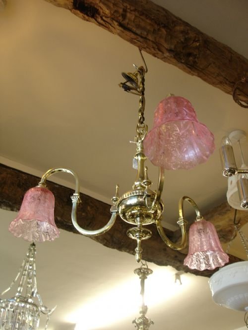 3 Branch Brass Light Fitting with Cranberry Shades