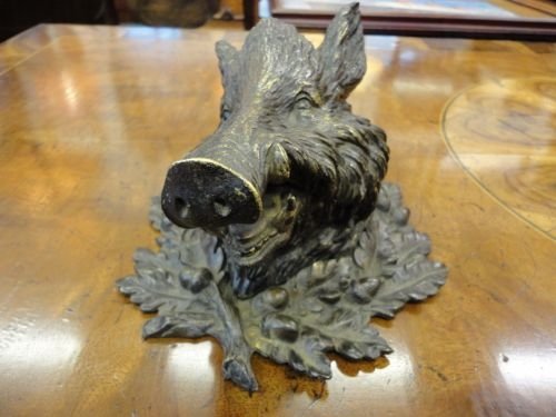 Quality Bronze Boars Head Inkwell