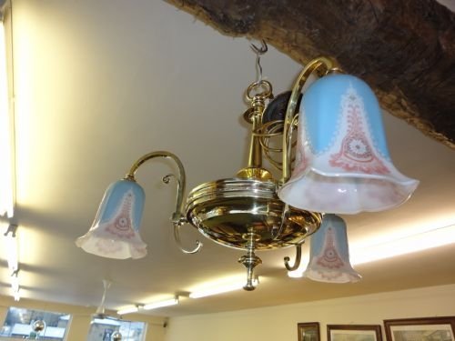 Brass Light Fitting & 3 Glass Shades
