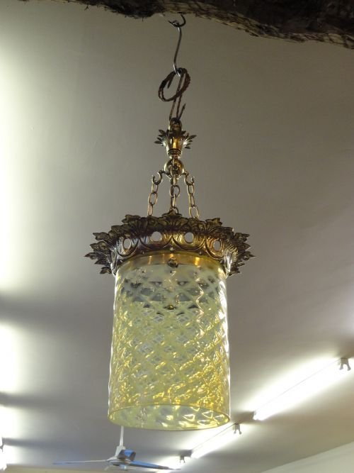 Victorian Brass & Vaseline Glass Lantern