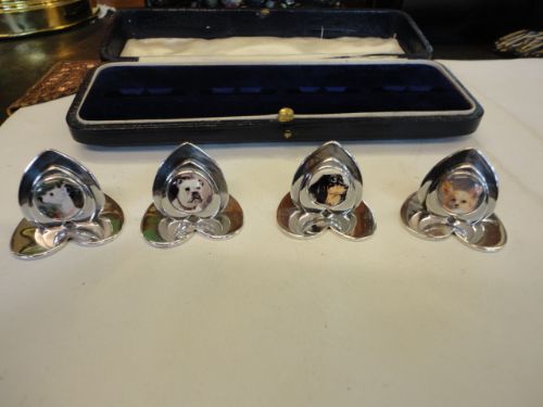 Superb Quality Edwardian Silver & Enamel Set of 4 Menu Holders Chester 1907.