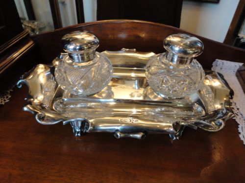 Large Silver Walker & Hall Double Ink Stand