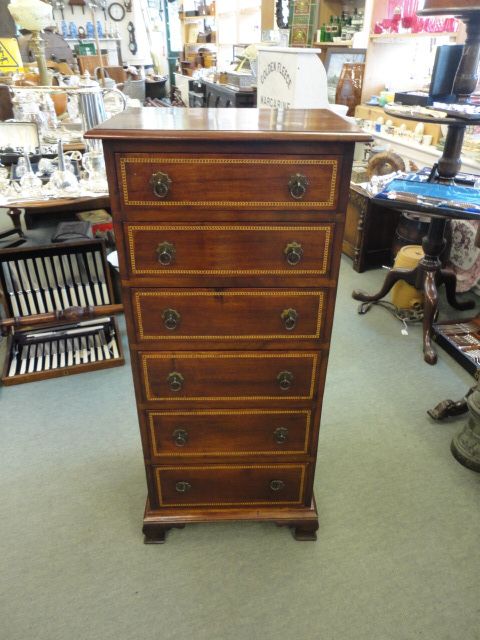 Tall Slim Mahogany Inlaid Chest of Drawers