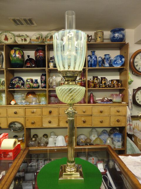 Victorian Vaseline Glass Oil Lamp & Shade