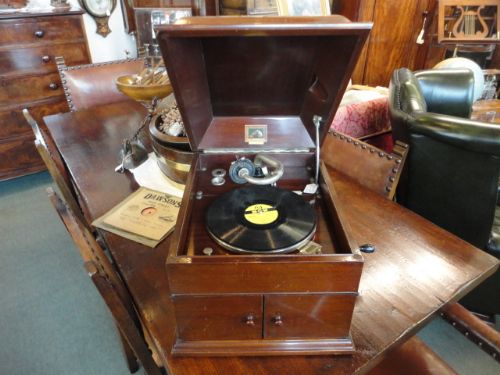 His Masters Voice Mahogany Table Top Gramophone