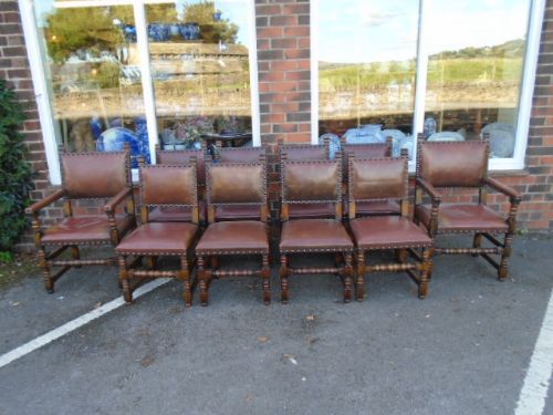 Set of 10 Oak & Leather Chairs