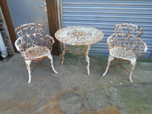 Vintage Cast Iron Garden Table & 2 Arm Chairs