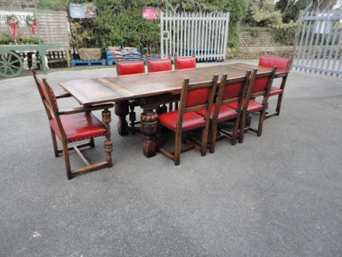 Quality Oak 10' Table & Matching Set of 8 Oak & Leather Dining Chairs