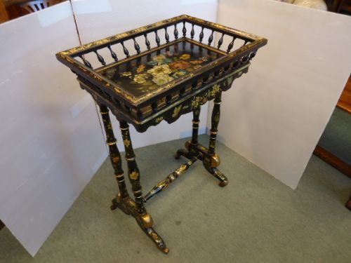 Decorated Papier Mache Sewing Table Bobbin Turned Basket Top