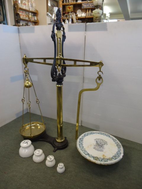 19th Century Dairy Scale & 4 Similar Pottery Weights