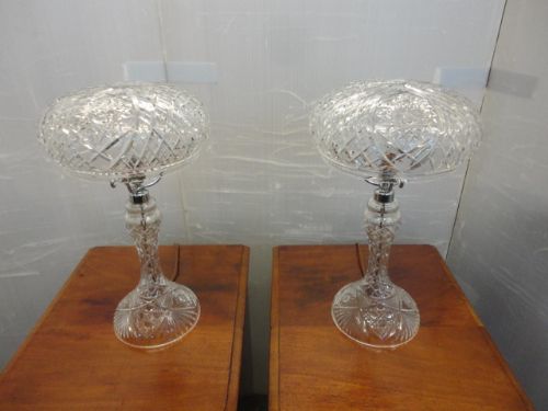Rare Pair of Cut Glass Mushroom Lamps