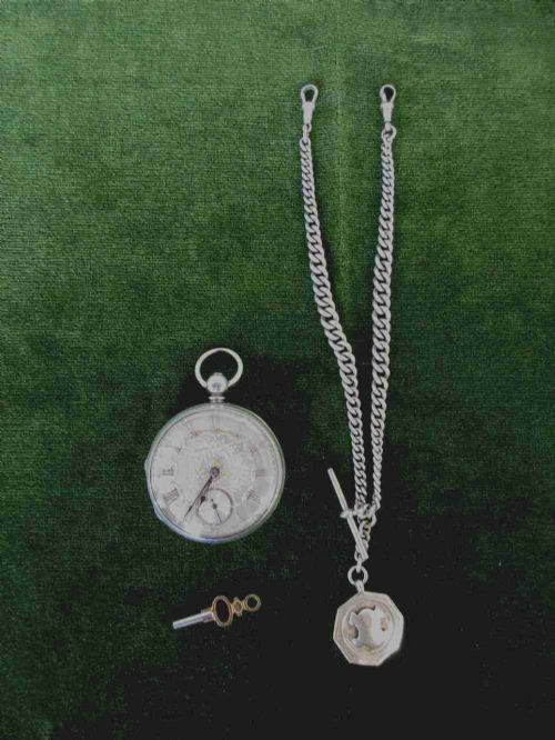 Silver Fusee Watch & Double Albert Chain