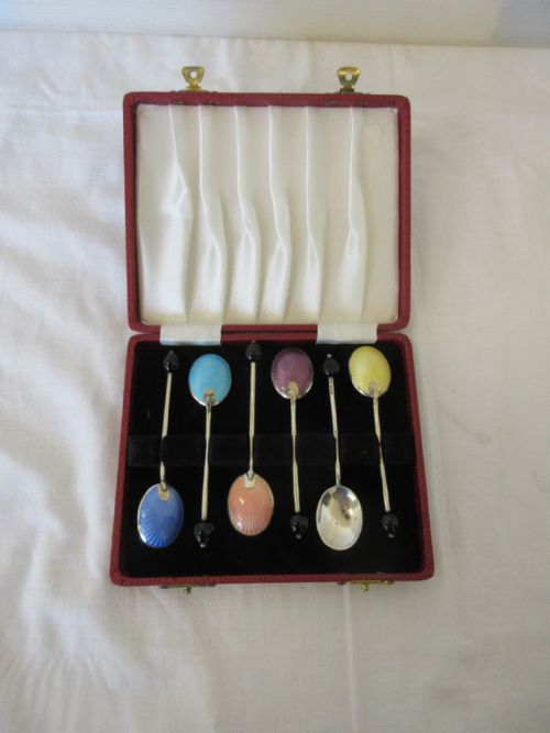 Silver & Enamel Bean Spoons Birmingham 1961