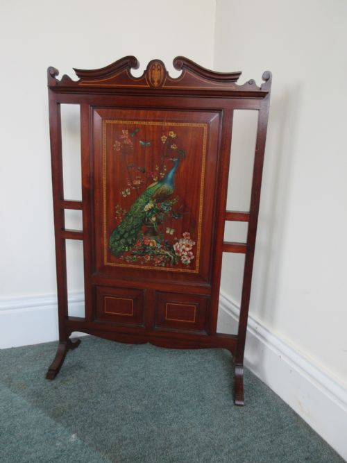 Edwardian Mahogany Inlaid Decorated Fire Screen with Swan Neck Pediment