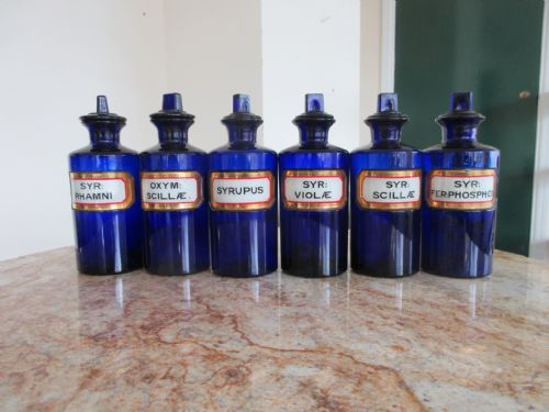 6 Bristol Blue Victorian Glass Label Chemist Bottles