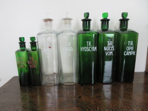 Set of 5 Green & 2 Clear Victorian Chemist Bottles