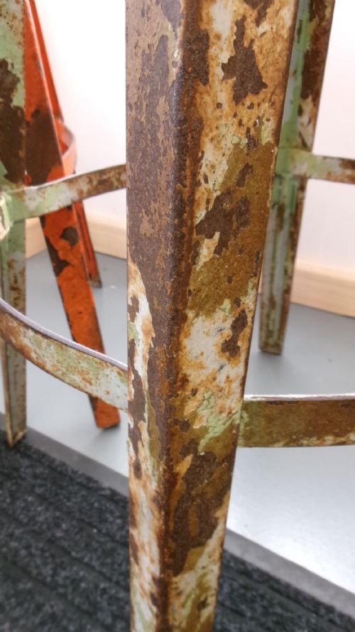 PAIR OF 1920'S INDUSTRIAL METAL RIVETED BAR STOOLS - ADDITIONAL PHOTO 6