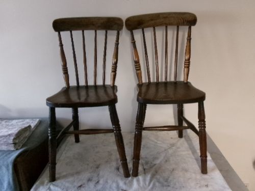 Pair of Elm Seated Stick Back Kitchen Chairs
