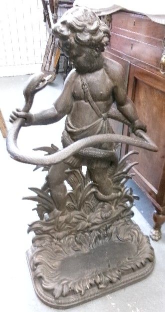 Good Victorian Cast Iron Stick Stand Hercules & the Serpent